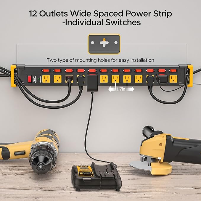 CRST 12-Outlet Heavy Duty Metal Power Strip with Individual Switches, Wide Spacing for Bulky Plugs, 9FTCord with Cable Management, 1020J Surge Protector for Garage, Workshop, Home (15A/1875W)
