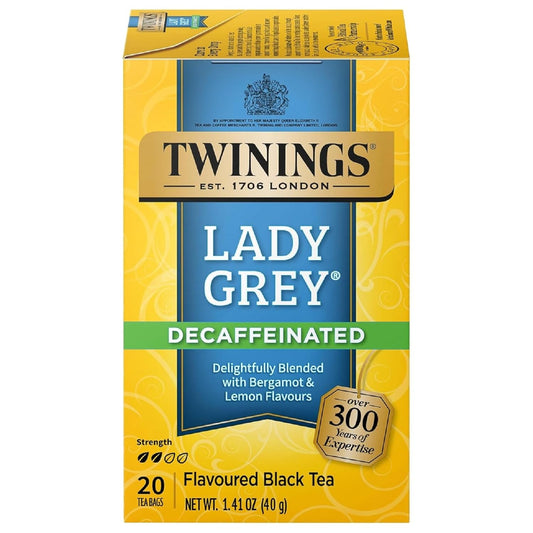 Twinings Decaffeinated Lady Grey Black Tea - Individually Wrapped 20 Count | Orange & Lemon Peel Flavor