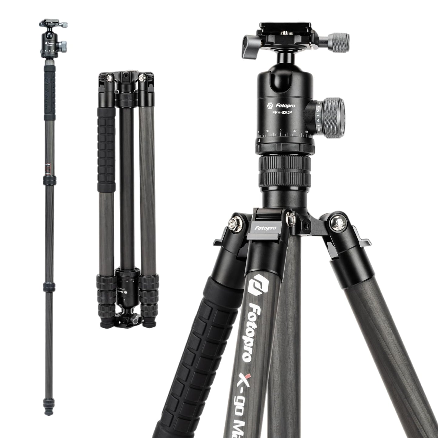 Fotopro 68" Carbon Fiber Travel Tripod, Heavy Duty Camera Tripod with Ball Head, Detachable Monopod with Quick Release Plate and Bag, Load up to 12KG/26lbs