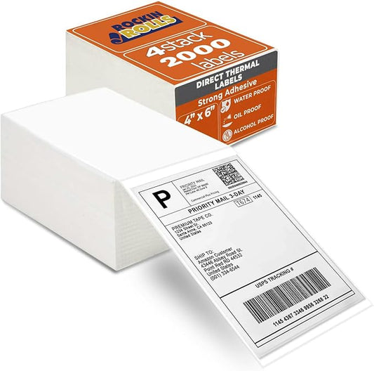 Rockin Rolls Thermal Shipping Labels (Total 2000) - 4 Packs of 500 Fanfold Direct 4x6 Thermal Labels. Thick Commercial Grade, Waterproof, Smudge Proof Mailing and Address Label, and Strong Adhesive