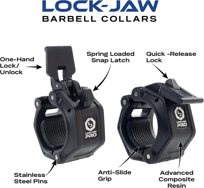 Lock-Jaw PRO 2 Barbell Collars Olympic Barbell Clamps 2 Pcs – Heavy Duty Bar Clamps for 2” & 50mm Olympic Bars – Secure Weight Bar Clamps for Strength Training & Home Gym Accessories – Blue