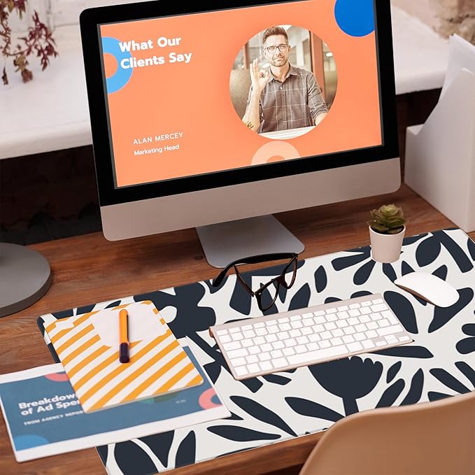 Eflxamz Desk Pad,Hand Drawn Leaves and Flowers Desk Mat,Abstract Plant Large Gaming Mouse Pad for Desk,Extended Big Computer Keyboard Mouse Pad with Non-Slip Base and Stitched Edge,35.4"x15.7"