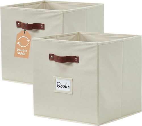 DECOMOMO Storage Bins - Cube Fabric Storage Bins with Labels | 10.5" x 11" | Set of 2, Beige
