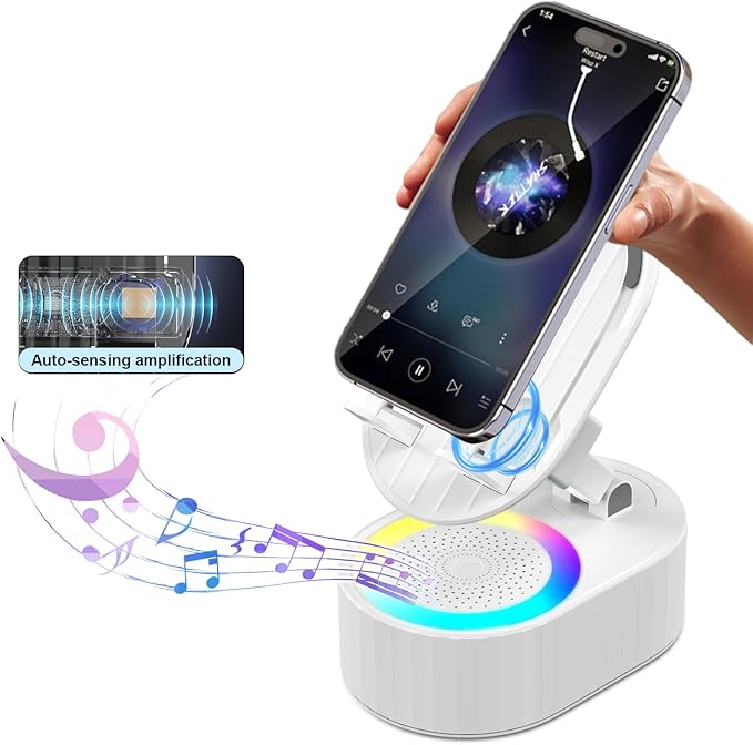 AKLLCCR Wireless Induction Audio Bluetooth Speaker 5in1 Phone Holder Emergency Rechargeable (3000mAh) with Colorful Ambient Light 300° Foldable for Tablet iPhone Android, Gifts for Men Women (White)