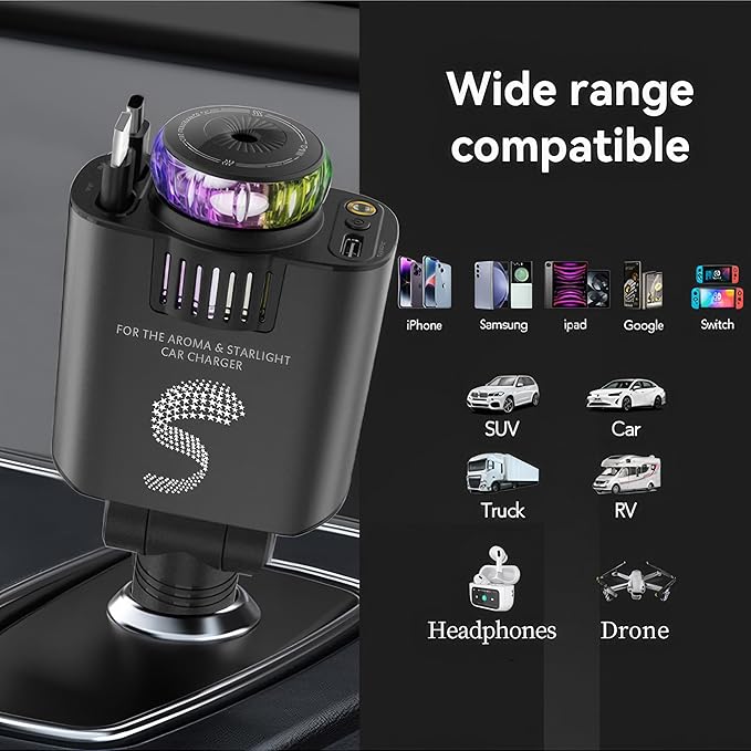 Retractable Car Charger USB C Fast Charging 120W, Car Accessories Cigarette Lighter Adapter with Aromatherapy Starlight, Car Charger iPhone16 15 14 13 12 11 Essentials Gifts for Traveler, Men, Women