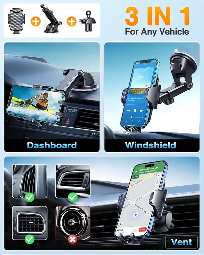 VANMASS Universal Car Phone Holder 2026【Strongest Suction & Military-Grade】Phone Holders for Your Car Windshield Dashboard Vent with【Patent & Safety Certs】Cell Phone Mount for iPhone Samsung Android