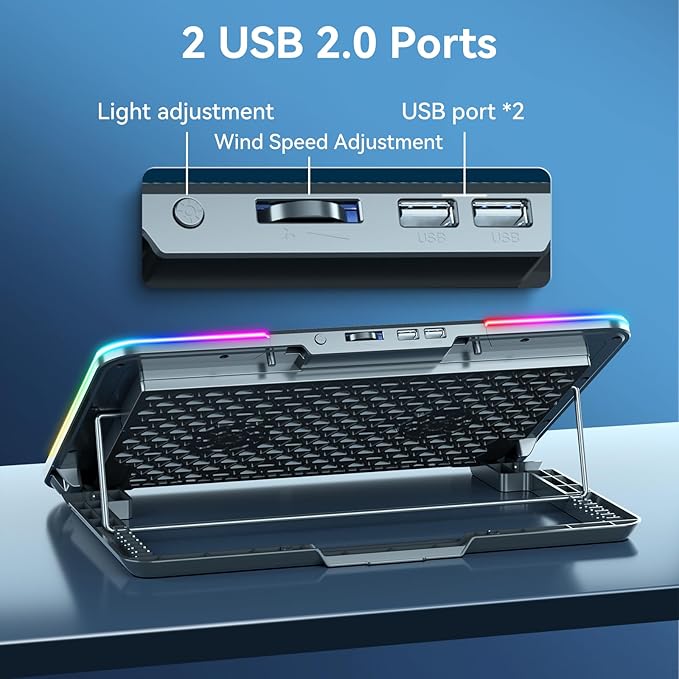 KYOLLY RGB Gaming Laptop Cooling Pad with Metal Panel, 2 Ultra Quiet Big Fans, 10 Lighting Modes, Phone Stand & 7 Height Adjustable Ergonomic Cooler for 10-15.6 Inch Laptops