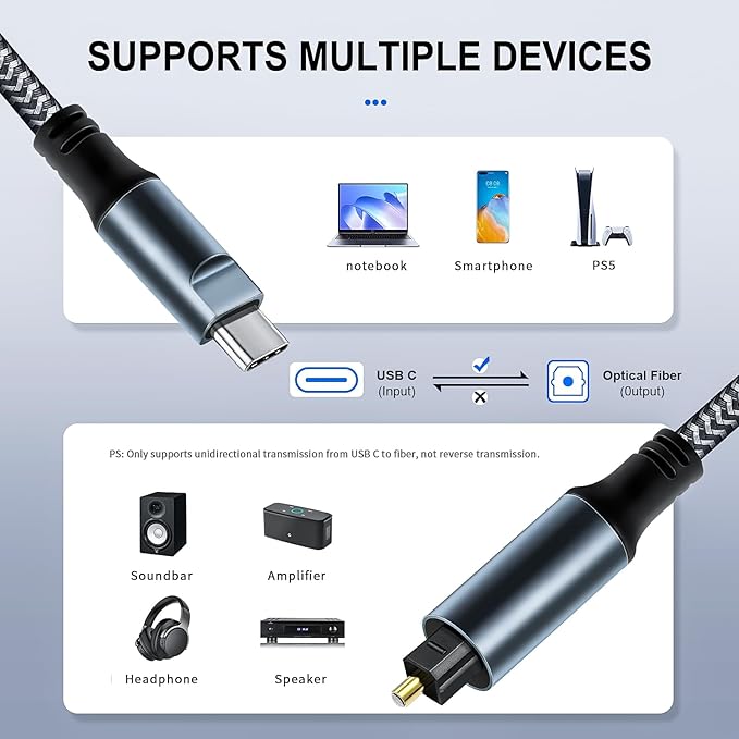 Kumiho Braided USB C to Optical Audio Cable 3Ft Unidirectional USB C to Toslink Optical for TV/Soundbar, Sony PS5,Speakers & Home Theater Systems