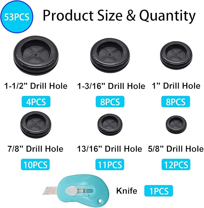 Hmknana 53Pcs Rubber Grommet Kit, 6 Sizes Firewall Grommets Rubber Hole Plugs for Wiring, Automotive Firewall, Cabinet Cable Protection, 5/8" 13/16" 7/8" 1" 1-3/16" 1-1/2" Drill Hole Rubber Gaskets
