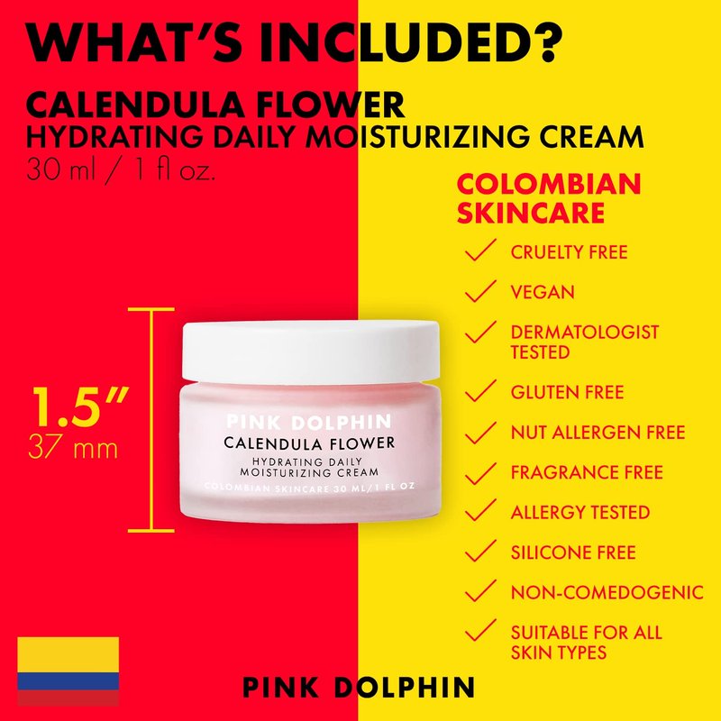 Pink Dolphin Calendula Face Hydrating Daily Moisturizer - Natural Calendula Flowers Soothe Irritation & Promote Healing, Repairs & Rehydrates Dry Skin, Produces Collagen for ALL SKIN TYPES - 1oz