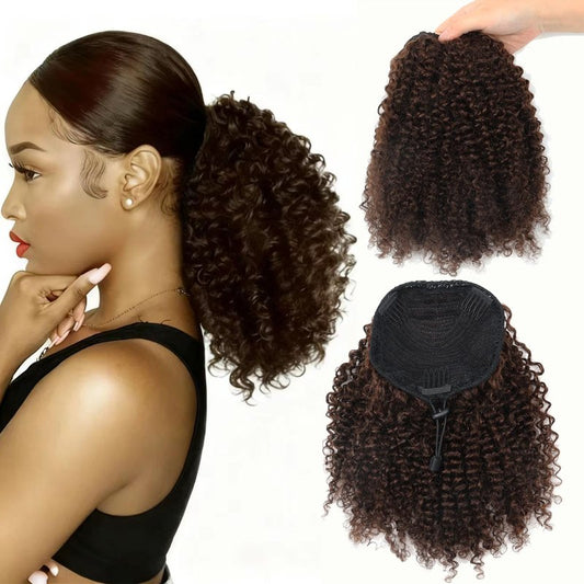 VADES Dark Brown Drawstring Ponytail for Black Women Color #2 Clip in Hair Extensions Kinky Curly Ponytail Extension Human Hair Fake Hair Ponytail 8 inch Short Hair Extension for Black Women