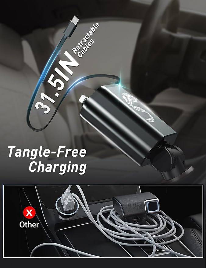 Retractable Car Charger USB C Fast Charging 120W, Car Accessories Cigarette Lighter Adapter Car iPhone17 16 15 14 13, Galaxy S26, Pixel Charger Travel Essentials Gift for Travelers, Men, Women