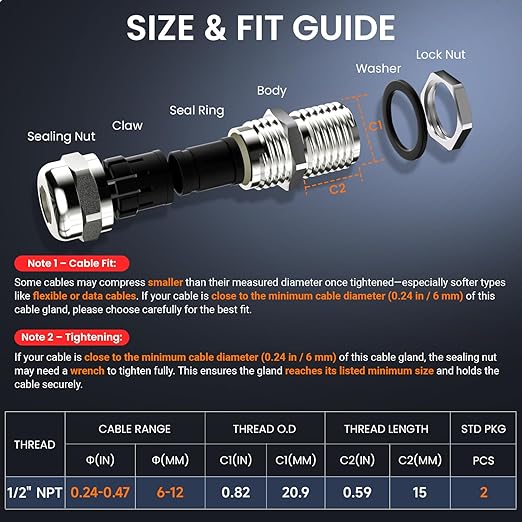 QILIPSU 2pcs 1/2" NPT 304 Stainless Steel Cable Gland Waterproof IP68 Metal Strain Relief Cord Grip Long Thread Cable Pass Through Wire Connector