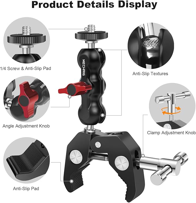 Mechrig Camera Clamp Mount with Dual Ballhead Magic Arm, Aluminum Camera Mount Super Clamp Kit for DSLR Action Camera/Phone/Monitor/LED Light/Microphone, for Desk/Tripod/Tube/Crossbar (SY001)
