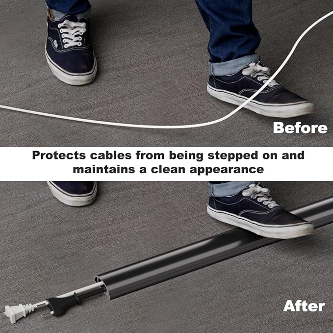 Kneelisa 10FT Side-Open Extension Cord Covers for Wires on Floor,Silicone Power Cable Protector Cord Hider Management Strip,Hide Electric Wire on Carpet,Chord Runner Protective Safety,Black
