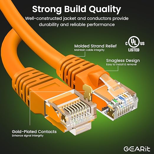GEARit Cat 6 Ethernet Patch Cables 1 ft Orange (Cat 6 Ethernet Cables 1 ft 24-Pack), High Speed 24AWG 10Gbps RJ45 Snagless Gold-Plated, Ethernet Cable for Router, Switch, PC, PS5 Gaming, Server