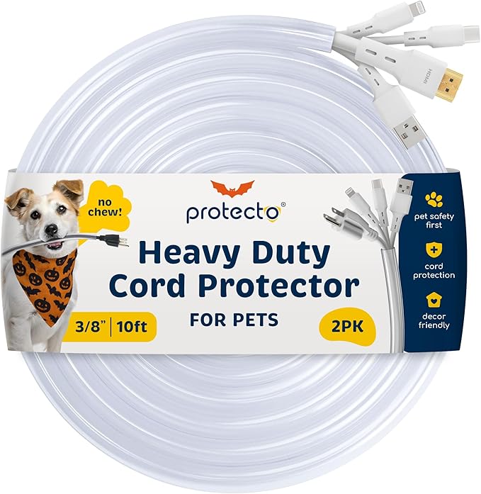 PROTECTO 2-Pack Heavy Duty Cord Protectors from Pets No Chew Solution, 10ft Easy to Use Dog & Cat Cord Protector, Clear & Odorless Critter Cord Cover for Pets, Power Audio Video Wire Protector Tubing