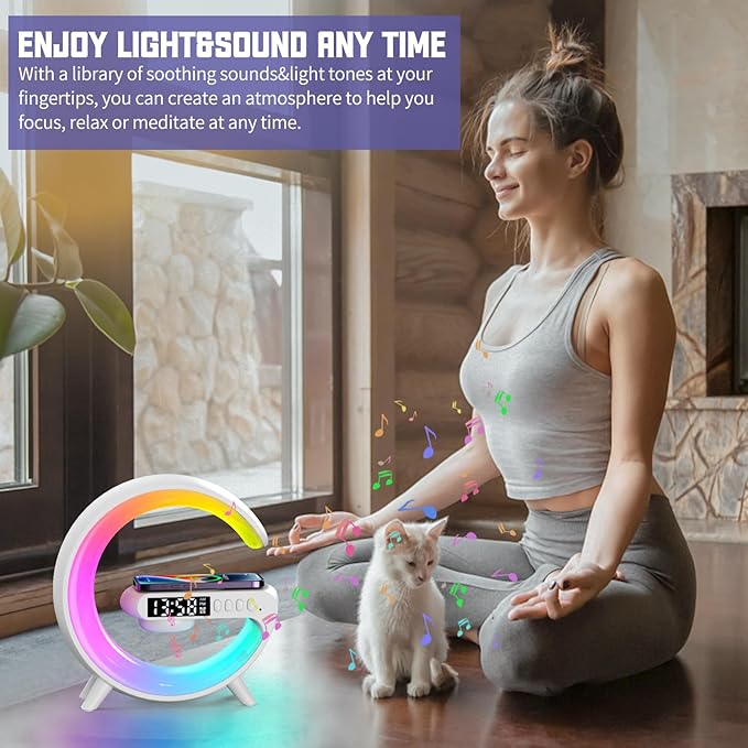 XCDIFA Mini LED Table Lamp with 4-in-1 Wireless Charger, Night Light, Sunrise Alarm Clock, Bluetooth Speaker, Smart Atmosphere Table Lamp for Bedroom, Office, Home Decor (Black)
