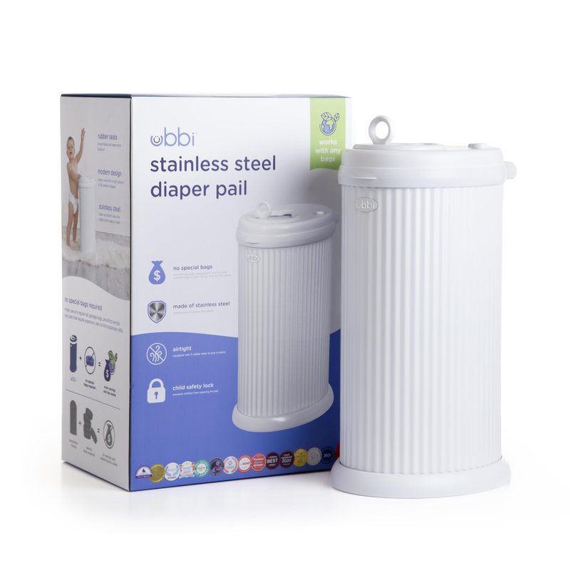 Ubbi Fluted Stainless Steel Diaper Pail, Odor Locking, No Special Bag Required, Award-Winning, Registry Must-Have, White