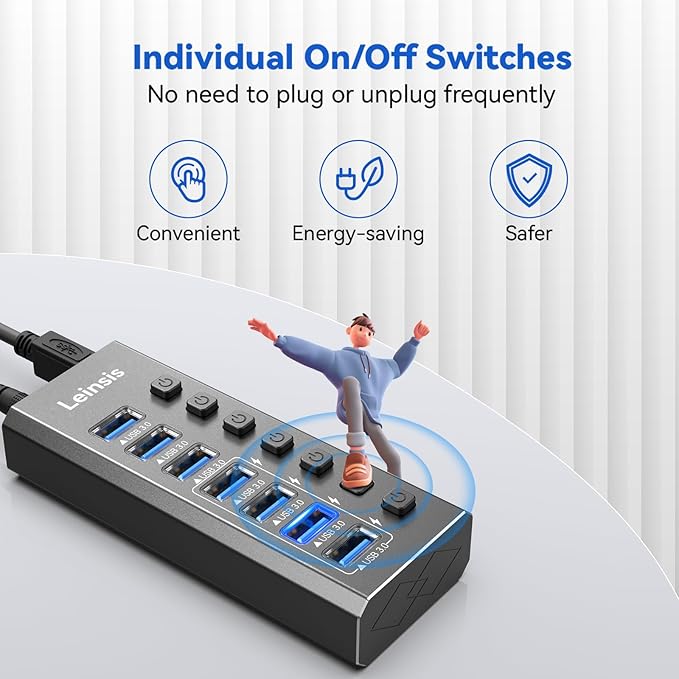 Powered USB Hub 3.0, Leinsis 7-Port USB 3.0 Hub [Durable Aluminum] 7 Data Transfer Ports+ 4 Smart Charging Ports with Individual On/Off Switches, USB Hub 3.0 Powered with Power Adapter for Laptop PC