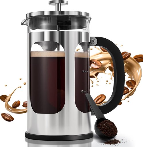 BAYKA French Press Coffee Maker - 34oz Cold Brew Iced Coffee Pot | Heat-Resistant Borosilicate Glass, Silver
