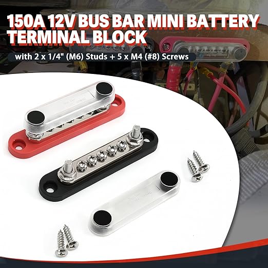 ZJTBLL 150A 12V Power Distribution Block with 2 x 1/4" (M6) Studs + 5 x M4 (#8) Screws Max 150A 48V DC 300V AC for Automotive Car Marine Truck Boat