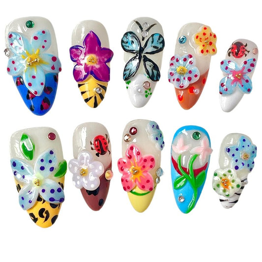 Handmade Press On Nails 3D Floral & Butterfly with Red Ladybug Fake Nails Medium Almond Acrylic Nail Tips Luxury Enchanted Garden Stick on False Nails Dreamy Nails (Garden, M)