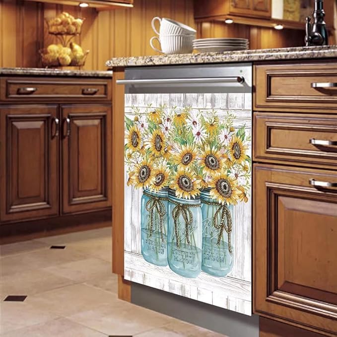 Farm Sunflower Dishwasher Cover Magnet Sticker, Vase Sunflowers Fridge Decal Magnetic Panel, Farm Style Vinyl Home Appliance Cover, Magnetic 23"x26"INCH
