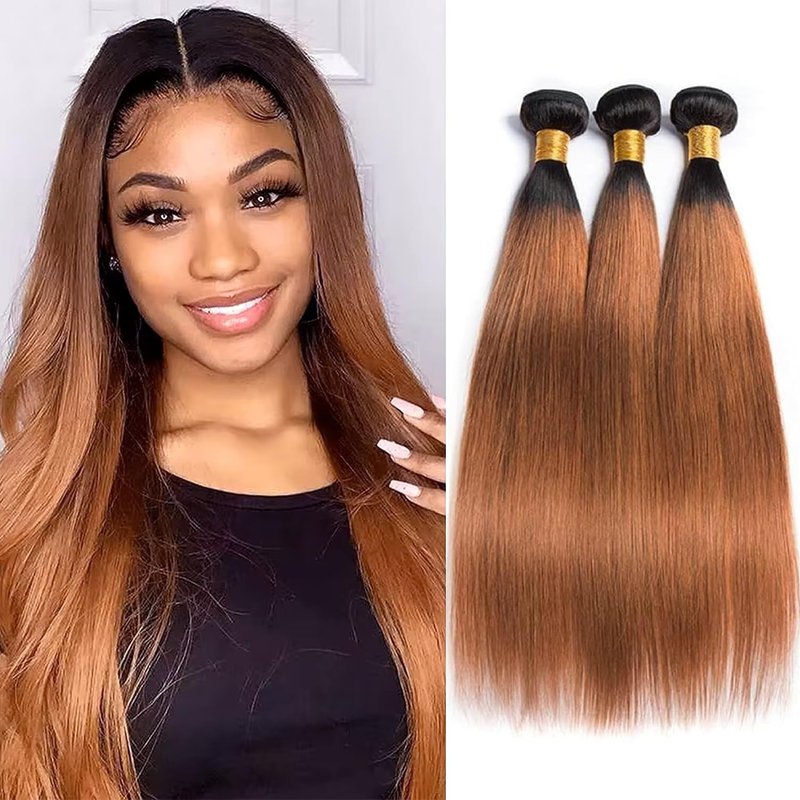 Light Brown Straight Bundles Human Hair T1B/30 Ombre Bundles Double Weft Brazilian Human Hair Sew-In Weave Extensions 10 12 14 Inch（Black Ombre Light Brown）