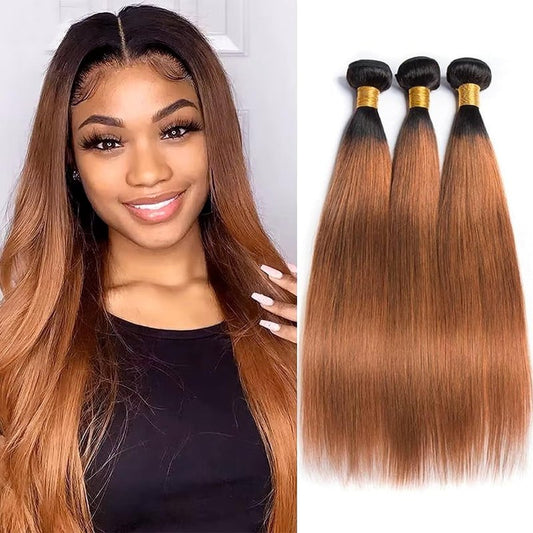 Light Brown Straight Bundles Human Hair T1B/30 Ombre Bundles Double Weft Brazilian Human Hair Sew-In Weave Extensions 10 12 14 Inch（Black Ombre Light Brown）