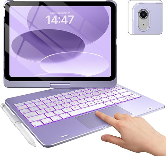 typecase Touch iPad 11th 10th Generation Case with Keyboard (11" 2025, A16 & 10.9" 2022) – 360° Rotatable, 11-Color Backlit, Multi-Touch Trackpad, Pencil Holder, Thin & Light – Light Purple