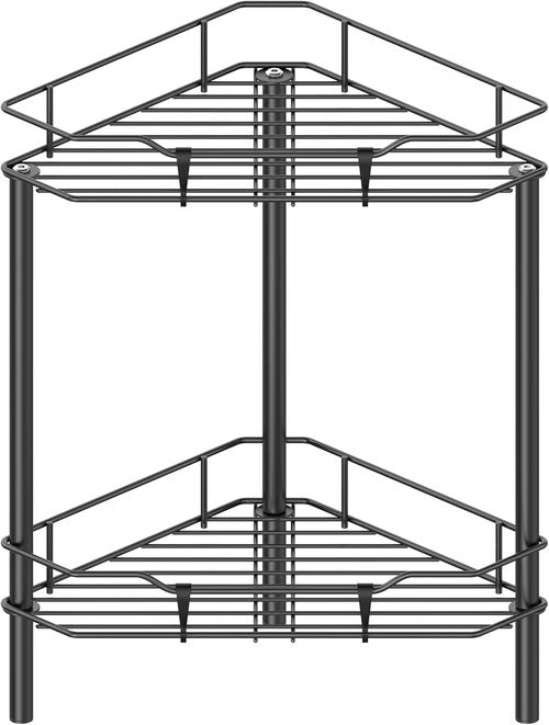 HuggieGems Corner Shower Caddy Organizer - 2 Tier Floor Standing Shelf with Hooks | Black Bathroom Storage