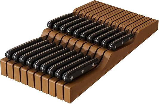 In-Drawer Knife Block Organizer - Bamboo Wood Drawer Knife Organizer-Protecting Knife Organizer Block (Not Included) (Brown, 19 Knives Dock)