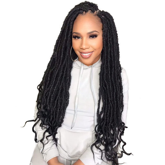 Niseyo Wild Locs 24 Inch Distressed New Faux Locs with Curly Ends 8 Packs Long Soft Pre-looped Goddess Crochet Hair (2#, Off Black)