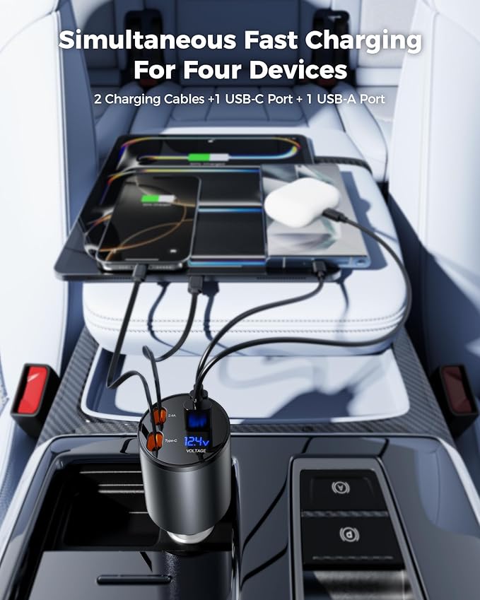 Retractable Car Charger, [2025 New] 4 in 1 Fast Car Phone Charger with Retractable Type C & L Cords, 120W USB Car Charging Adapter for iPhone 13 14 15 16 17Pro Max, Samsung Galaxy, Pixel