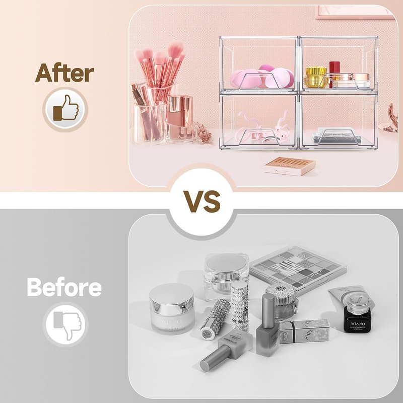 Damomo 4 Pack Stackable Organizer Drawers, 4.4" Tall Clear Bathroom Makeup Organizer and Storage, Acrylic Small Organizers Bins for Vanity, Undersink, Bathroom, Pantry, Kitchen Cabinets