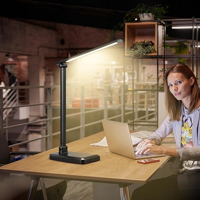 MACASA LED Desk Lamp with USB Charging Port Whole White for Home Office Essentials Table Lamp with Eye-Caring 4 Color Temperature Touch Control Stepless Dimming Desk Light for College Dorm