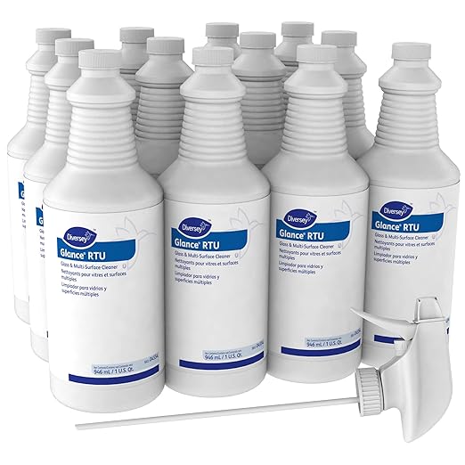 Diversey GLANCE 04554. Glass & Multi-Surface Cleaner, for Streak-Free Mirrors & Windows, Ready-to-Use, 32-Ounce (Pack of 12 with 12 spray nozzles)