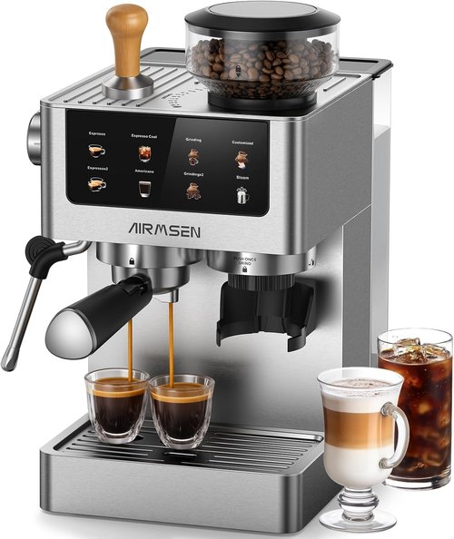 AIRMSEN Espresso Machine - 20 Bar Pressure with Burr Grinder & Milk Frother | Stainless Steel Coffee Maker for Home