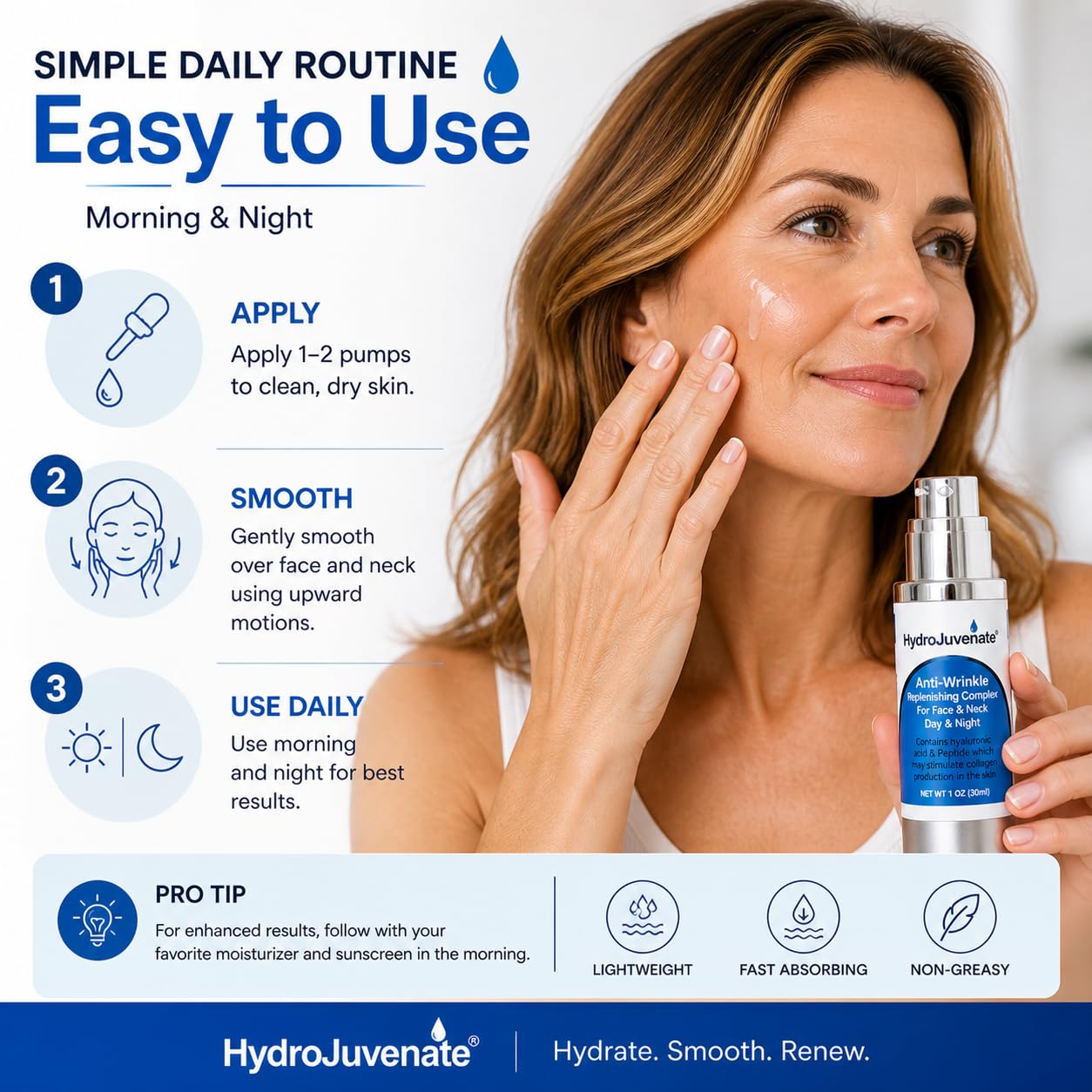 Hydrojuvenate® Anti-Aging Face Serum –Hydrates & Smooths the Look of Fine Lines | Hyaluronic Acid + Peptides | Lightweight, Fast-Absorbing Wrinkle Serum 30 ml