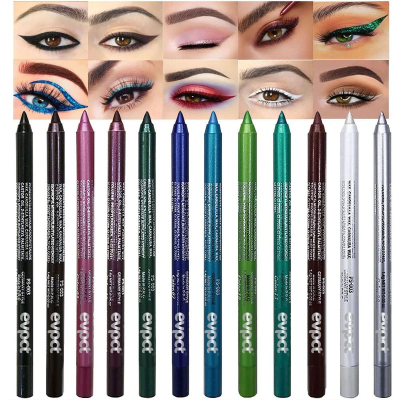 evpct 12Pcs Green Blue White Black Brown Purple Color Gel Glitter Eyeliner Pencils Set for Women Waterline Waterproof Smudge Proof lapiz de ojos delineador de ojos contra el agua Eye Liner Makeup 1-5