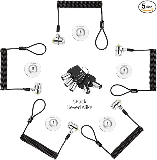 LORADAR 5Pack Single Package keyed Alike Security Hardware Cable Lock Kit Laptop Lock 5Keys 6.2Ft for Monitors, Laptops, MacBooks, Tablets, iPad,Mac mini (5PCS keyed Alike)