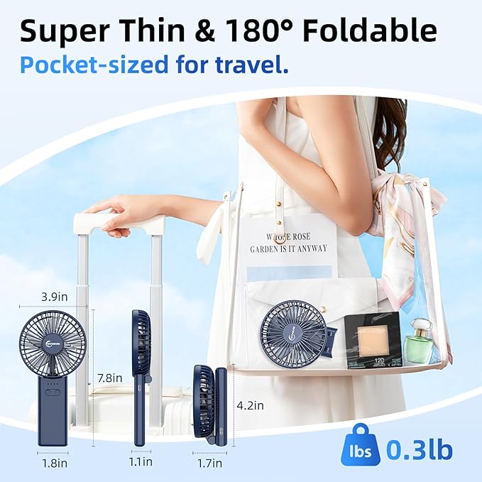 WITHOUSE 【SUPER THIN】 Portable Handheld Fan, 2025 Upgraded Strong Airflow, 20Hrs Runtime, 5000mAh, 180° Foldable, 5 Speeds, 3-IN-1 Mini Hand/Desk/Neck Fans, Travel Essentials Gifts for Women, Men