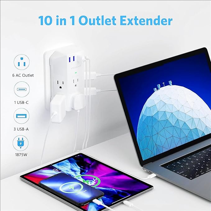 Wall Outlet Extender, Vansoet 6 Outlet Splitter with 4 USB Ports(1 USB C PD 20W), 2100J Surge Protector Power Strip, 3 Side Multi Plug Outlet for Travel, Home, Office, Dorm