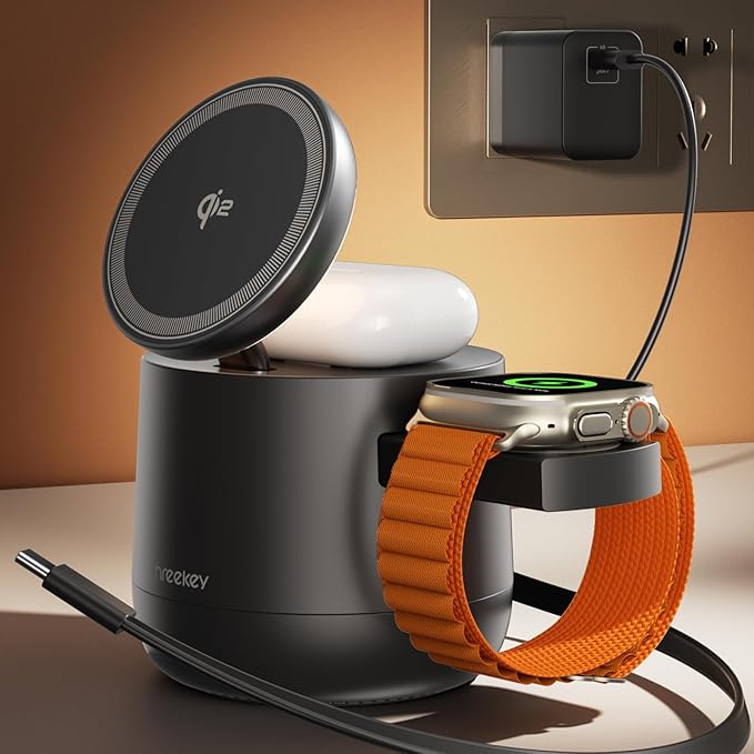 THREEKEY 4 in 1 Qi2 Magnetic Wireless Charging Station, 15W Fast Charger with Made for Apple Watch Charging Module, for iPhone 17–12 Series & AirPods, 65W Adapter Included