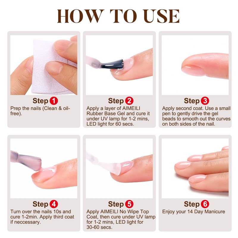 AIMEILI Hema Free Rubber Base Gel For Nails, Soak Off U V LED Clear Sheer Gel Nail Polish, 4 in 1 Nail Strengthen/Enhance/Base Coat/Color Set Of 6pcs X 10ml - Kit 46