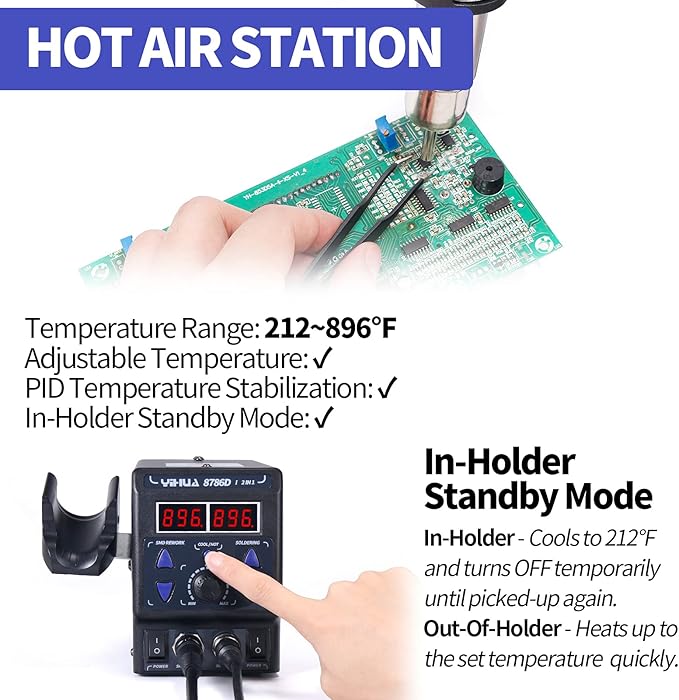 YIHUA 8786D I 2 in 1 Hot Air Rework and Soldering Iron Station with 10 Solder Iron Tips, 4 Hot Air Nozzles, °F /°C, Cool/Hot Air Conversion and Sleep Function