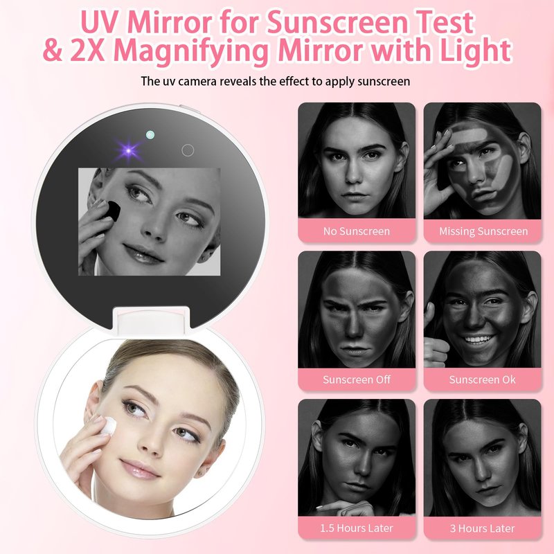 DESCHEN UV Camera Mirror for Sunscreen Test, 2X Makeup Mirror with Lights and Magnification, Rechargeable 3.8 Inch Portable Pocket Mirror for Skin Protection