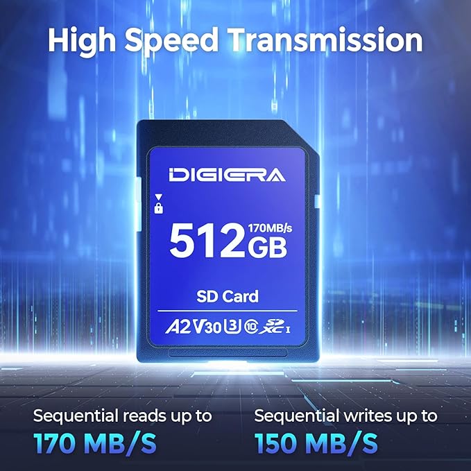 DIGIERA 512GB LS100 SDXC UHS-I Memory Card - up to 170MB/s, C10, U3, V30, 4K UHD, SD Card for Computers, Digital Cameras, Home Theatre Devices, Car Navigation Systems (1 Pack)