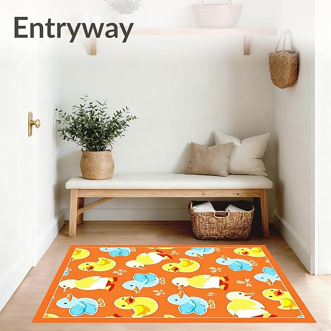Flatwoven High Traffic Area Rug 8x10, Whimsical Parade Watercolor Cartoon Inspired Motif, Non Slip, Stain Resistant, Washable Area Rugs for Living Room, Bedroom (Orange, 8x10)